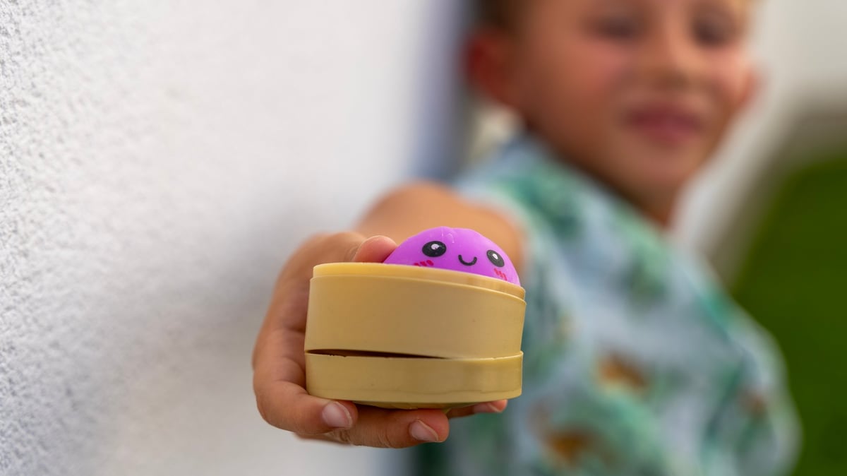 A child holding a cute anti-stress dumpling squishy toy with a purple smiling character inside
